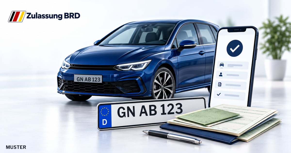 Online Fahrzeugzulassung in Bad Soden-Salmünster: Musterkennzeichen GN AB 123, Auto und Fahrzeugpapiere und Smartphone. Illustration mit Logo von Zulassung BRD.